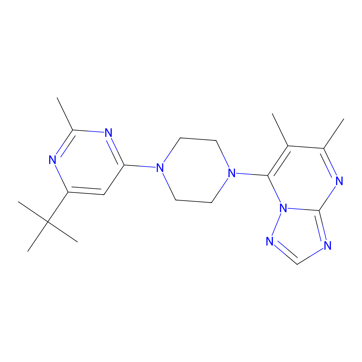 4-Tert-butyl-6-(4-{5,6-dimethyl-[1,2,4]triazolo[1,5-a]pyrimidin-7-yl}piperazin-1-yl)-2-methylpyrimidine molecular structure, CAS 2549040-05-1
