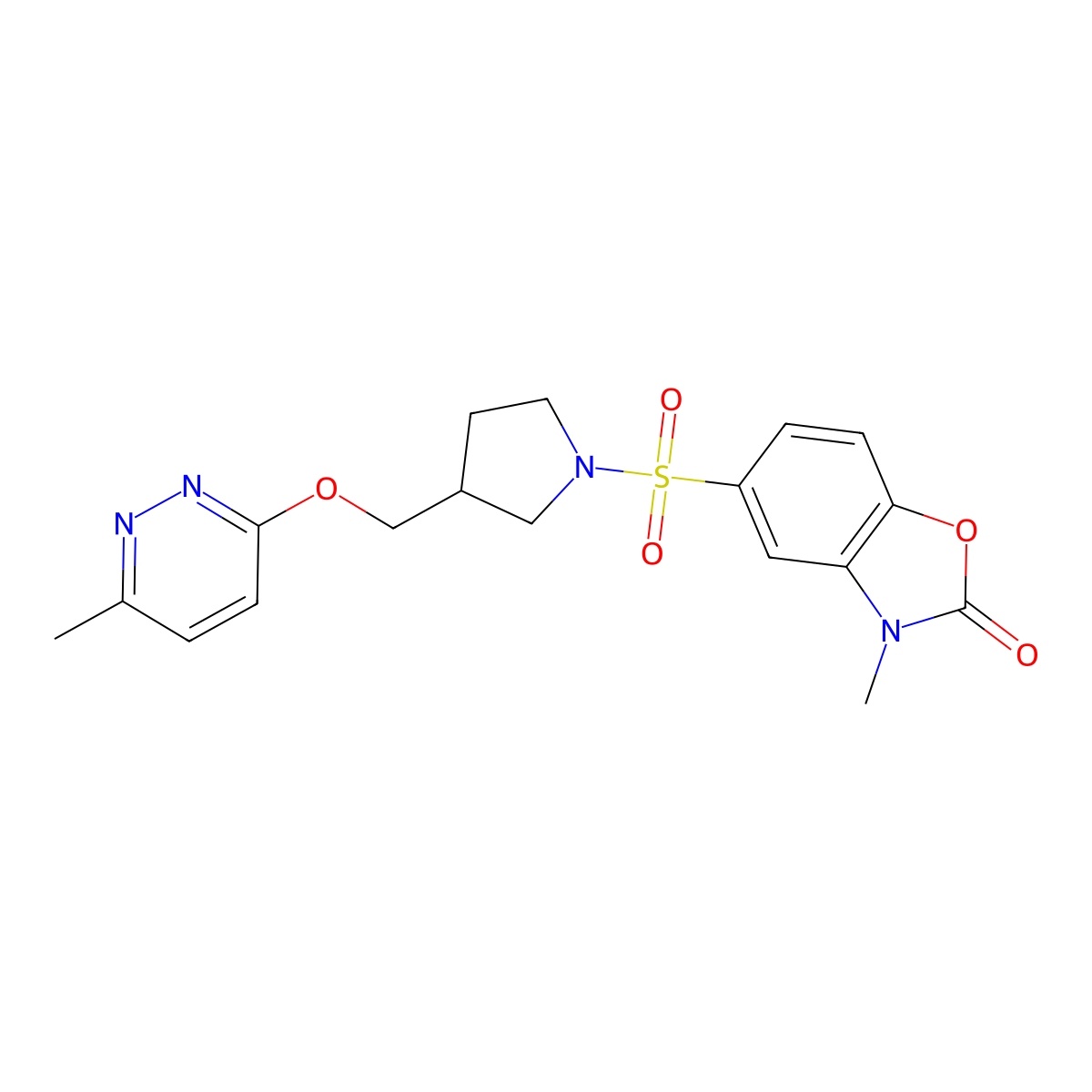 3-Methyl-5-[(3-{[(6-methylpyridazin-3-yl)oxy]methyl}pyrrolidin-1-yl)sulfonyl]-2,3-dihydro-1,3-benzoxazol-2-one molecular structure, CAS 2549040-06-2
