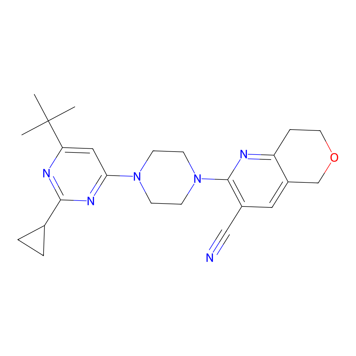 2-[4-(6-tert-butyl-2-cyclopropylpyrimidin-4-yl)piperazin-1-yl]-5H,7H,8H-pyrano[4,3-b]pyridine-3-carbonitrile molecular structure, CAS 2549040-16-4