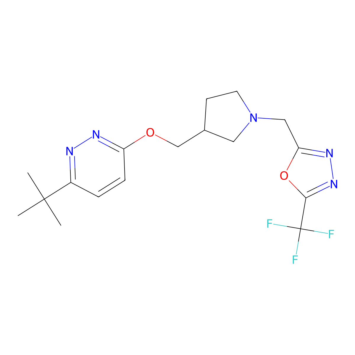 3-Tert-butyl-6-[(1-{[5-(trifluoromethyl)-1,3,4-oxadiazol-2-yl]methyl}pyrrolidin-3-yl)methoxy]pyridazine molecular structure, CAS 2549040-18-6
