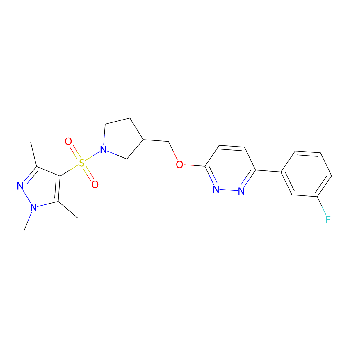 3-(3-fluorophenyl)-6-({1-[(1,3,5-trimethyl-1H-pyrazol-4-yl)sulfonyl]pyrrolidin-3-yl}methoxy)pyridazine molecular structure, CAS 2549040-25-5