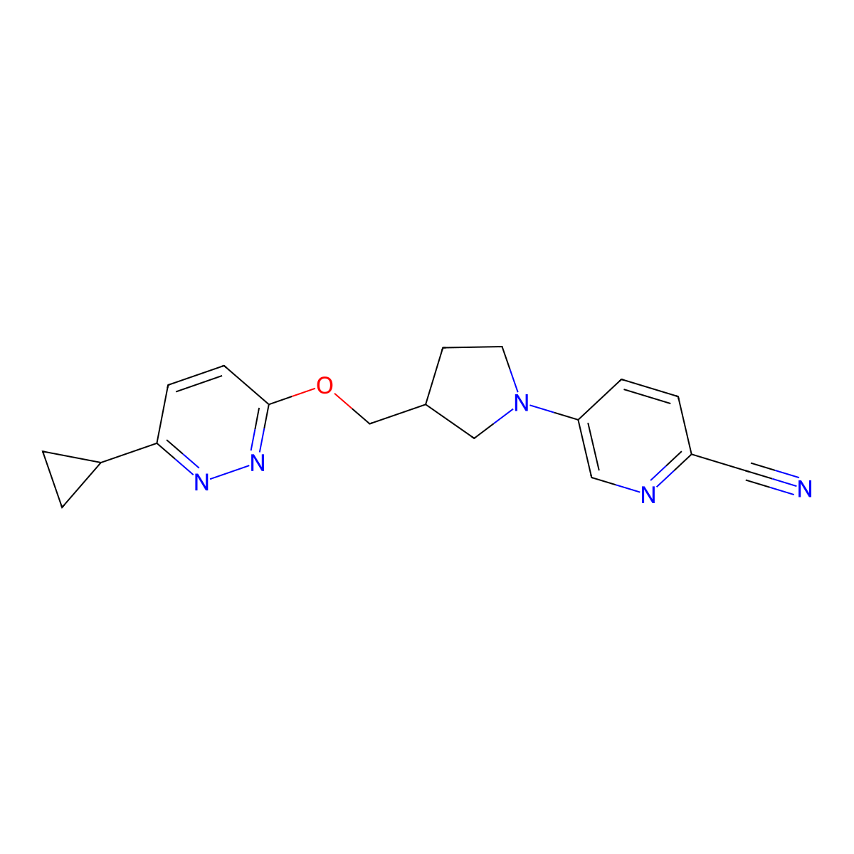 5-(3-{[(6-Cyclopropylpyridazin-3-yl)oxy]methyl}pyrrolidin-1-yl)pyridine-2-carbonitrile molecular structure, CAS 2549040-30-2
