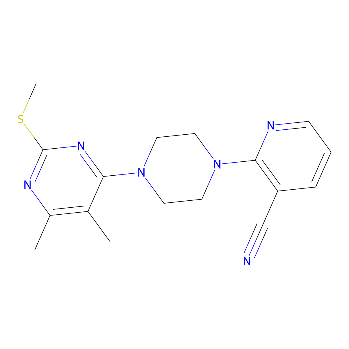 2-{4-[5,6-Dimethyl-2-(methylsulfanyl)pyrimidin-4-yl]piperazin-1-yl}pyridine-3-carbonitrile molecular structure, CAS 2549040-33-5