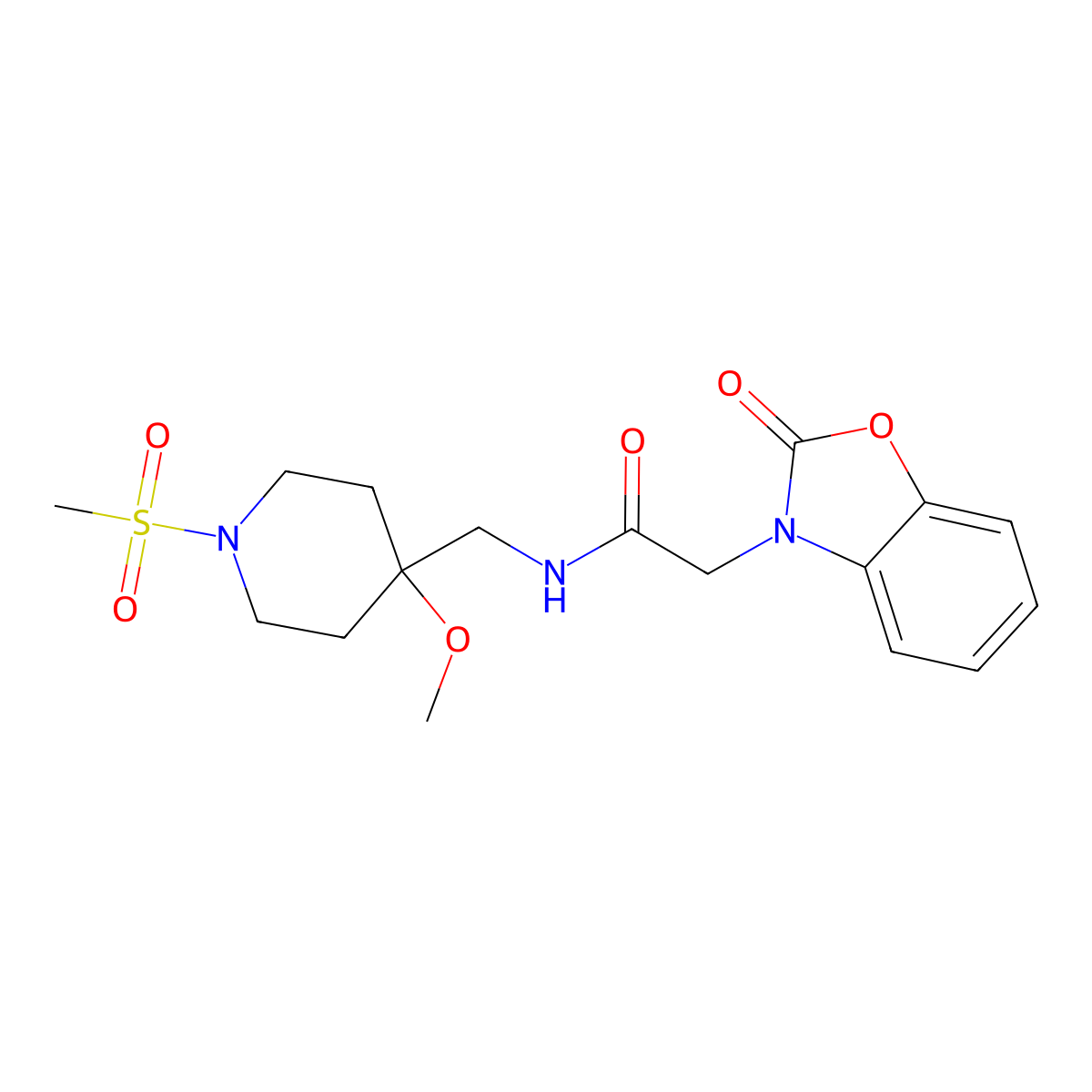 N-[(1-methanesulfonyl-4-methoxypiperidin-4-yl)methyl]-2-(2-oxo-2,3-dihydro-1,3-benzoxazol-3-yl)acetamide molecular structure, CAS 2549040-38-0