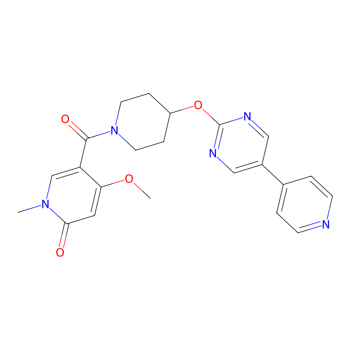 4-Methoxy-1-methyl-5-(4-{[5-(pyridin-4-yl)pyrimidin-2-yl]oxy}piperidine-1-carbonyl)-1,2-dihydropyridin-2-one molecular structure, CAS 2549040-44-8