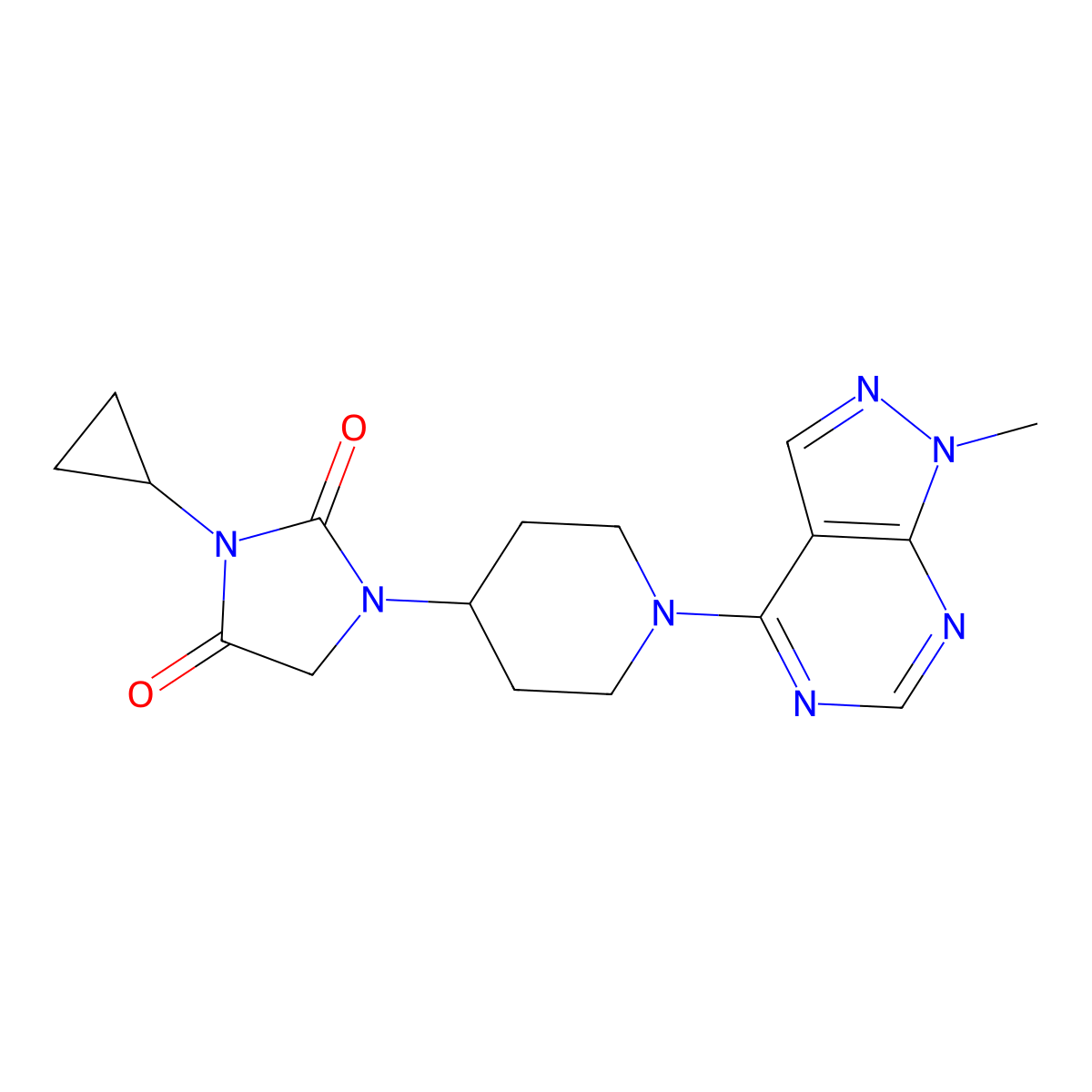 3-cyclopropyl-1-(1-{1-methyl-1H-pyrazolo[3,4-d]pyrimidin-4-yl}piperidin-4-yl)imidazolidine-2,4-dione molecular structure, CAS 2549040-48-2