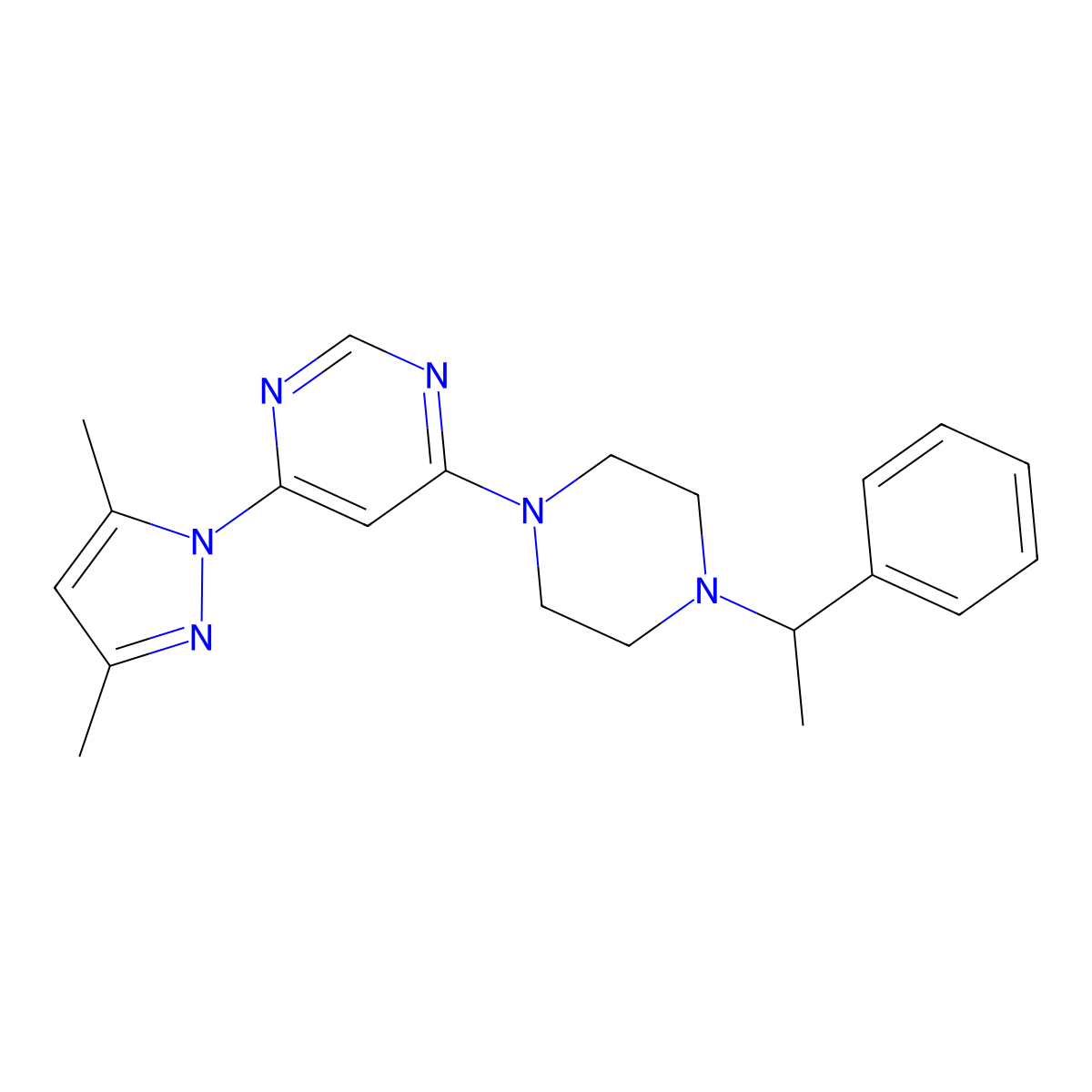 4-(3,5-dimethyl-1H-pyrazol-1-yl)-6-[4-(1-phenylethyl)piperazin-1-yl]pyrimidine molecular structure, CAS 2549040-57-3