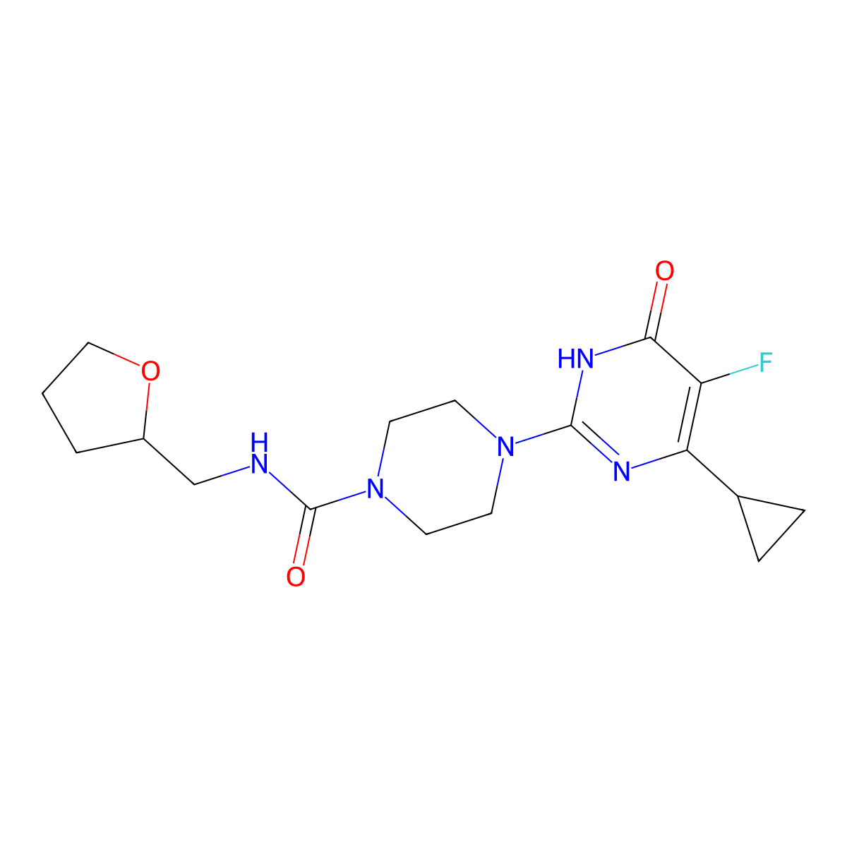 4-(4-cyclopropyl-5-fluoro-6-oxo-1,6-dihydropyrimidin-2-yl)-N-[(oxolan-2-yl)methyl]piperazine-1-carboxamide molecular structure, CAS 2549040-64-2