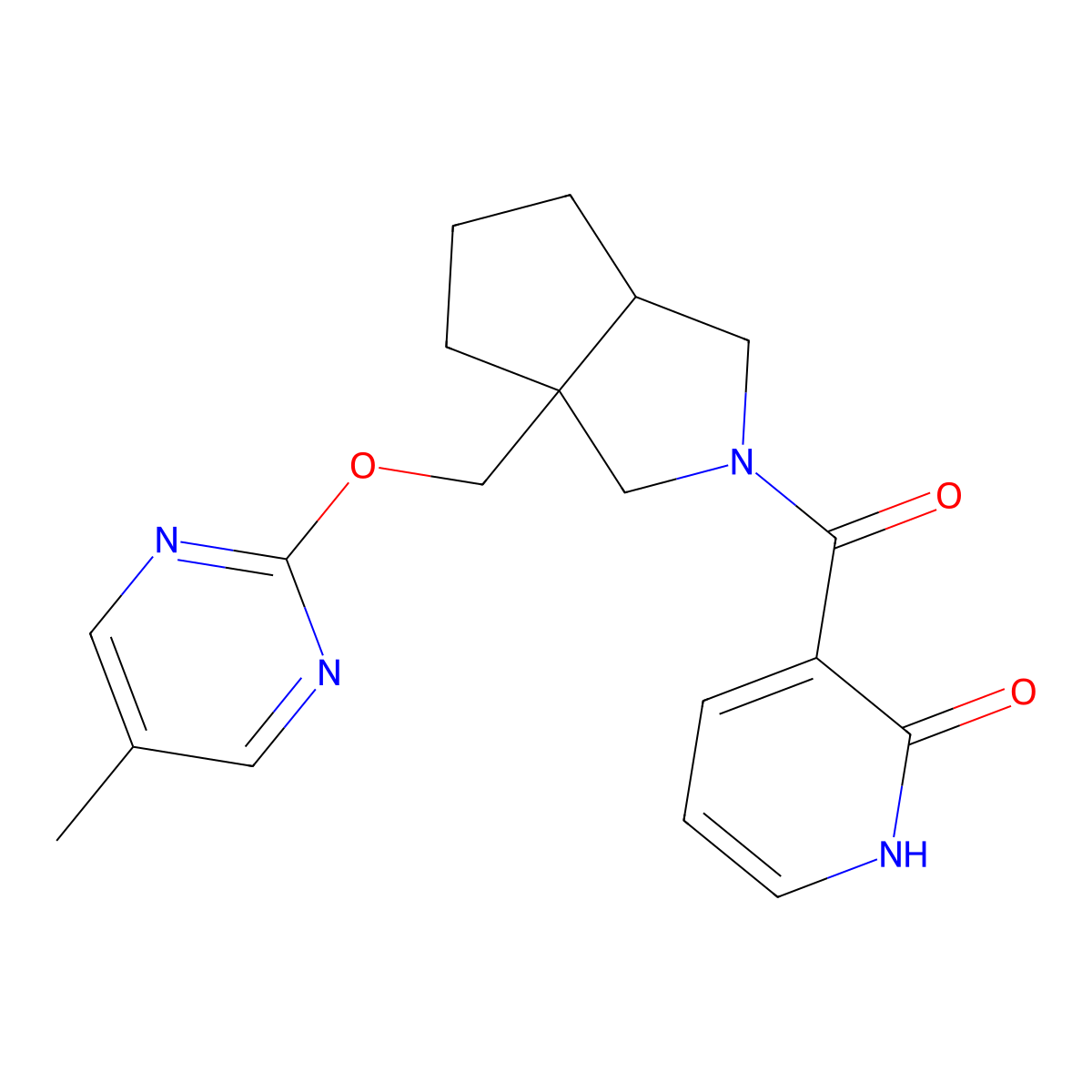 3-(3a-{[(5-Methylpyrimidin-2-yl)oxy]methyl}-octahydrocyclopenta[c]pyrrole-2-carbonyl)-1,2-dihydropyridin-2-one molecular structure, CAS 2549040-67-5