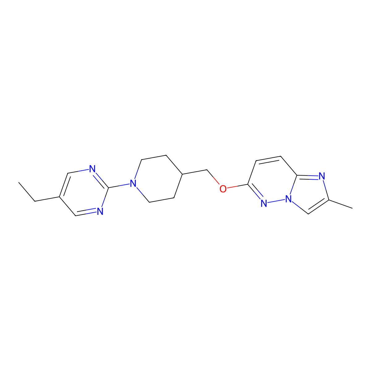 5-Ethyl-2-{4-[({2-methylimidazo[1,2-b]pyridazin-6-yl}oxy)methyl]piperidin-1-yl}pyrimidine molecular structure, CAS 2549040-68-6