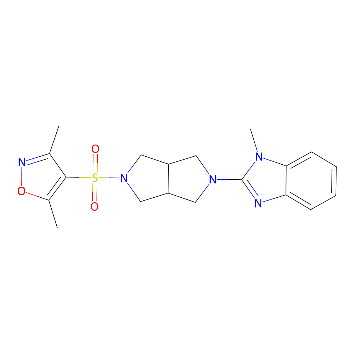 2-{5-[(3,5-dimethyl-1,2-oxazol-4-yl)sulfonyl]-octahydropyrrolo[3,4-c]pyrrol-2-yl}-1-methyl-1H-1,3-benzodiazole molecular structure, CAS 2549040-70-0