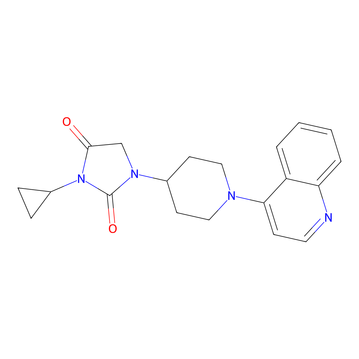 3-Cyclopropyl-1-[1-(quinolin-4-yl)piperidin-4-yl]imidazolidine-2,4-dione molecular structure, CAS 2549040-72-2