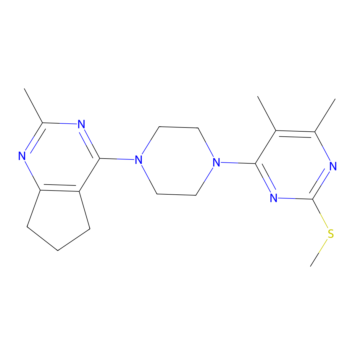 4,5-dimethyl-6-(4-{2-methyl-5H,6H,7H-cyclopenta[d]pyrimidin-4-yl}piperazin-1-yl)-2-(methylsulfanyl)pyrimidine molecular structure, CAS 2549040-73-3