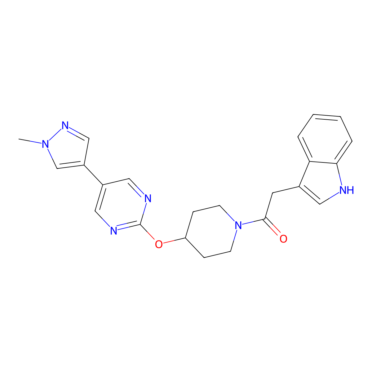 2-(1H-indol-3-yl)-1-(4-{[5-(1-methyl-1H-pyrazol-4-yl)pyrimidin-2-yl]oxy}piperidin-1-yl)ethan-1-one molecular structure, CAS 2549040-74-4