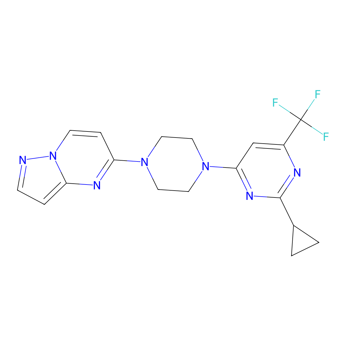 2-Cyclopropyl-4-(4-{pyrazolo[1,5-a]pyrimidin-5-yl}piperazin-1-yl)-6-(trifluoromethyl)pyrimidine molecular structure, CAS 2549040-79-9