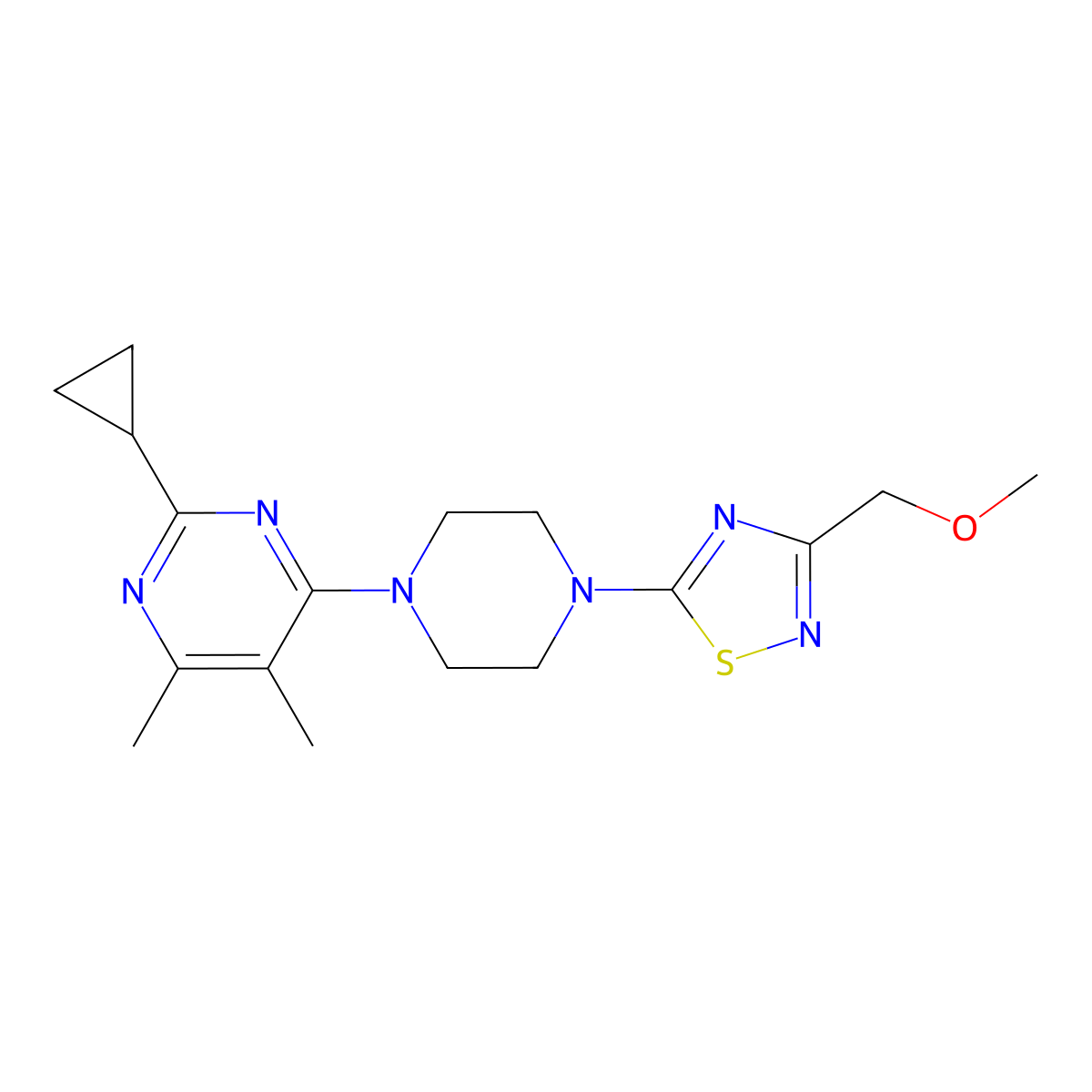 2-Cyclopropyl-4-{4-[3-(methoxymethyl)-1,2,4-thiadiazol-5-yl]piperazin-1-yl}-5,6-dimethylpyrimidine molecular structure, CAS 2549040-80-2