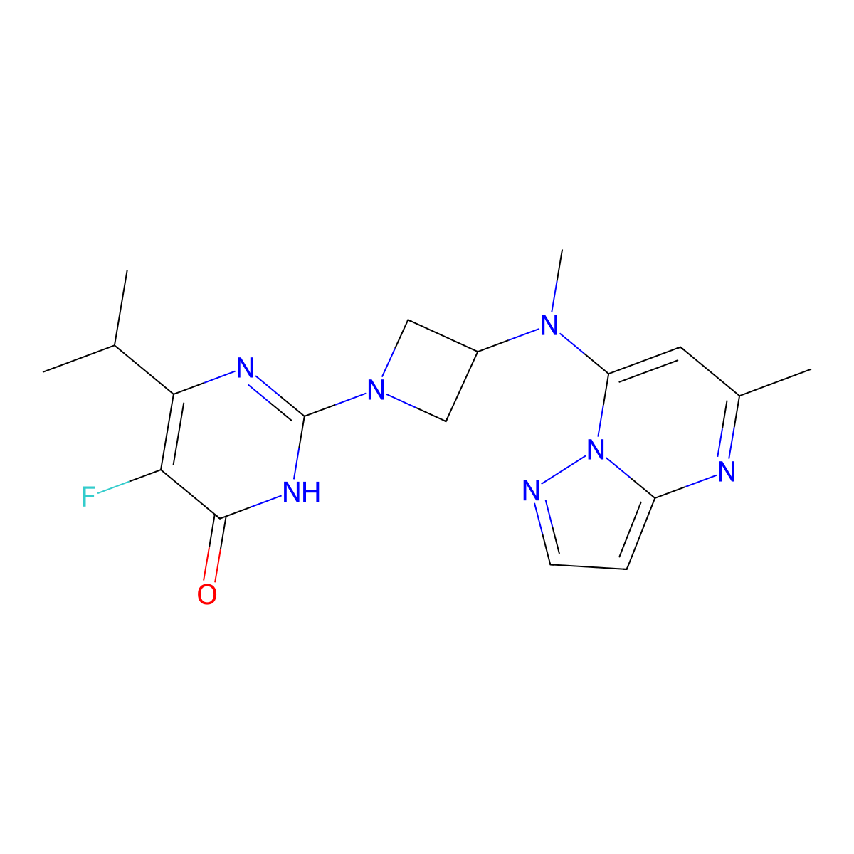 5-Fluoro-2-{3-[methyl({5-methylpyrazolo[1,5-a]pyrimidin-7-yl})amino]azetidin-1-yl}-6-(propan-2-yl)-3,4-dihydropyrimidin-4-one molecular structure, CAS 2549040-84-6