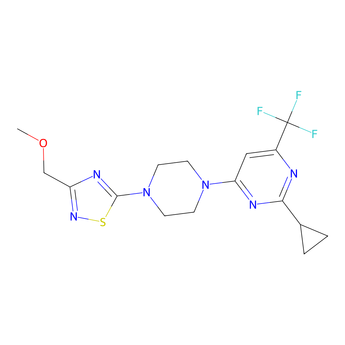 2-Cyclopropyl-4-{4-[3-(methoxymethyl)-1,2,4-thiadiazol-5-yl]piperazin-1-yl}-6-(trifluoromethyl)pyrimidine molecular structure, CAS 2549040-87-9