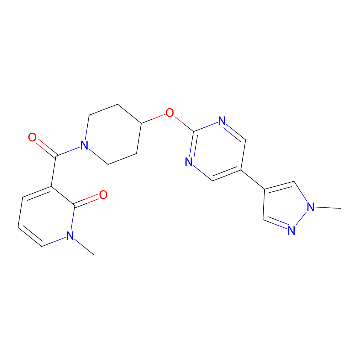1-methyl-3-(4-{[5-(1-methyl-1H-pyrazol-4-yl)pyrimidin-2-yl]oxy}piperidine-1-carbonyl)-1,2-dihydropyridin-2-one molecular structure, CAS 2549040-90-4