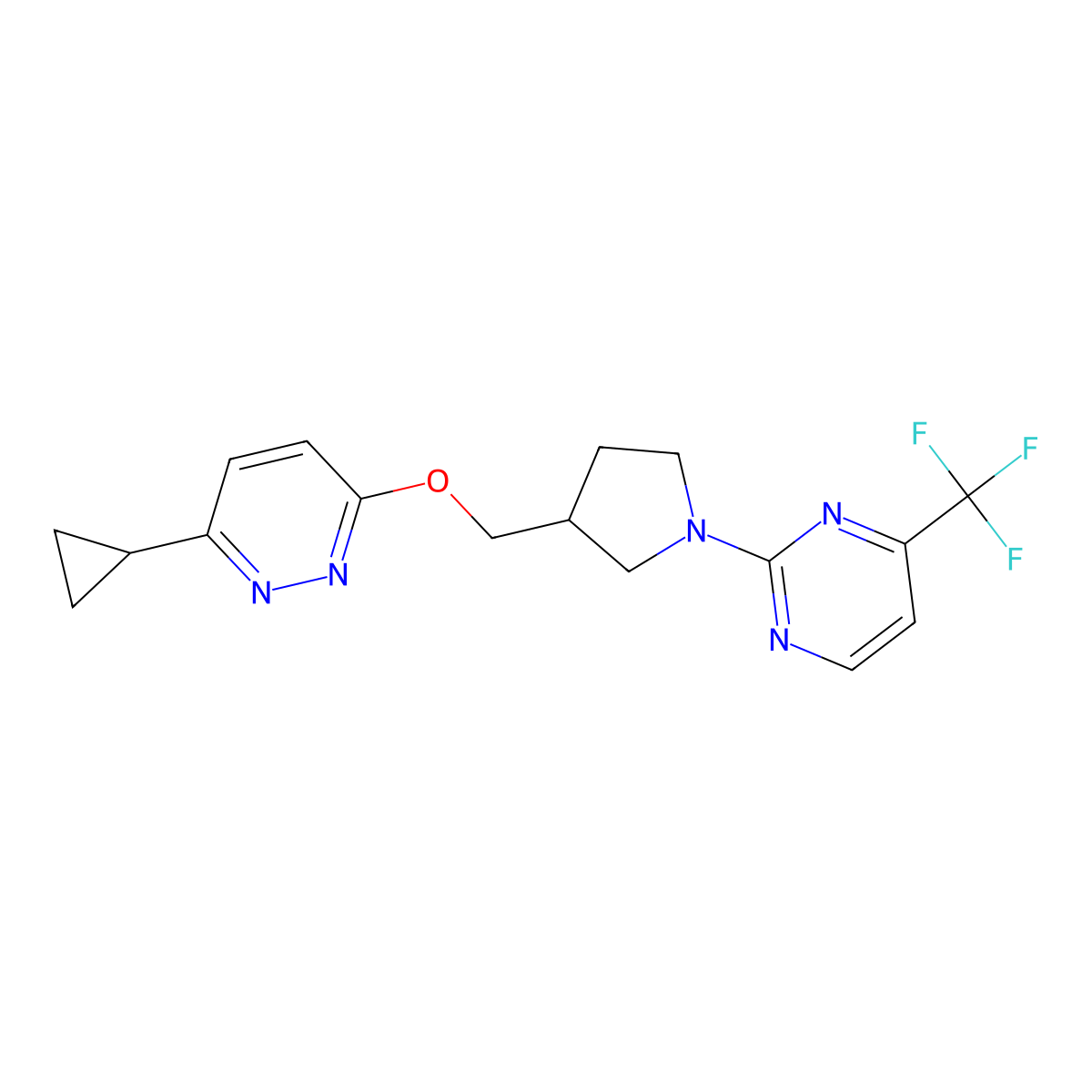 3-Cyclopropyl-6-({1-[4-(trifluoromethyl)pyrimidin-2-yl]pyrrolidin-3-yl}methoxy)pyridazine molecular structure, CAS 2549040-99-3