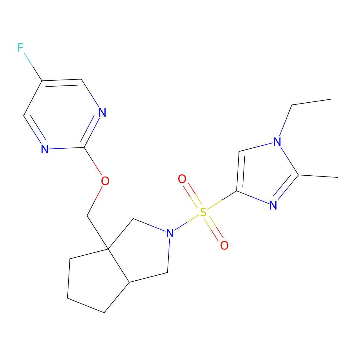 2-({2-[(1-ethyl-2-methyl-1H-imidazol-4-yl)sulfonyl]-octahydrocyclopenta[c]pyrrol-3a-yl}methoxy)-5-fluoropyrimidine molecular structure, CAS 2549041-10-1