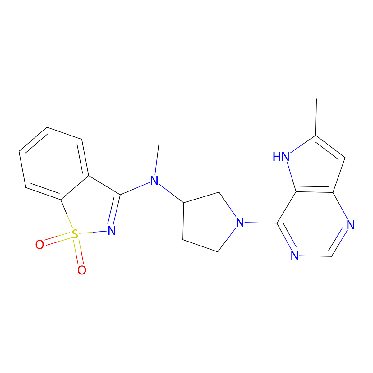 3-[methyl(1-{6-methyl-5H-pyrrolo[3,2-d]pyrimidin-4-yl}pyrrolidin-3-yl)amino]-1,2-benzothiazole-1,1-dione molecular structure, CAS 2549041-16-7