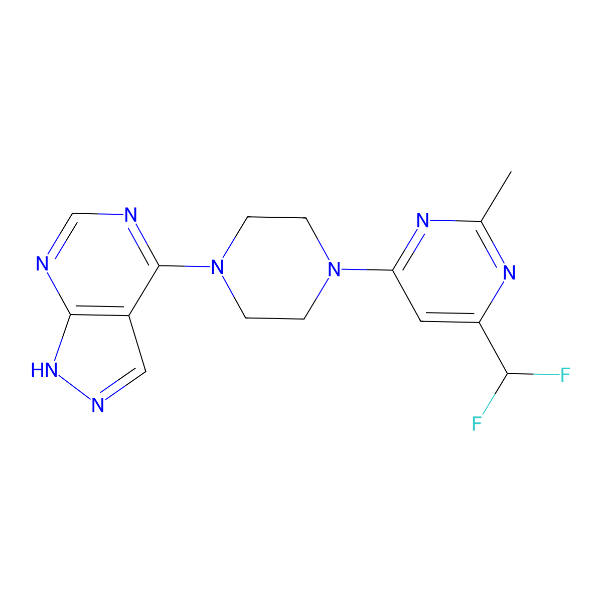4-(difluoromethyl)-2-methyl-6-(4-{1H-pyrazolo[3,4-d]pyrimidin-4-yl}piperazin-1-yl)pyrimidine molecular structure, CAS 2549041-22-5