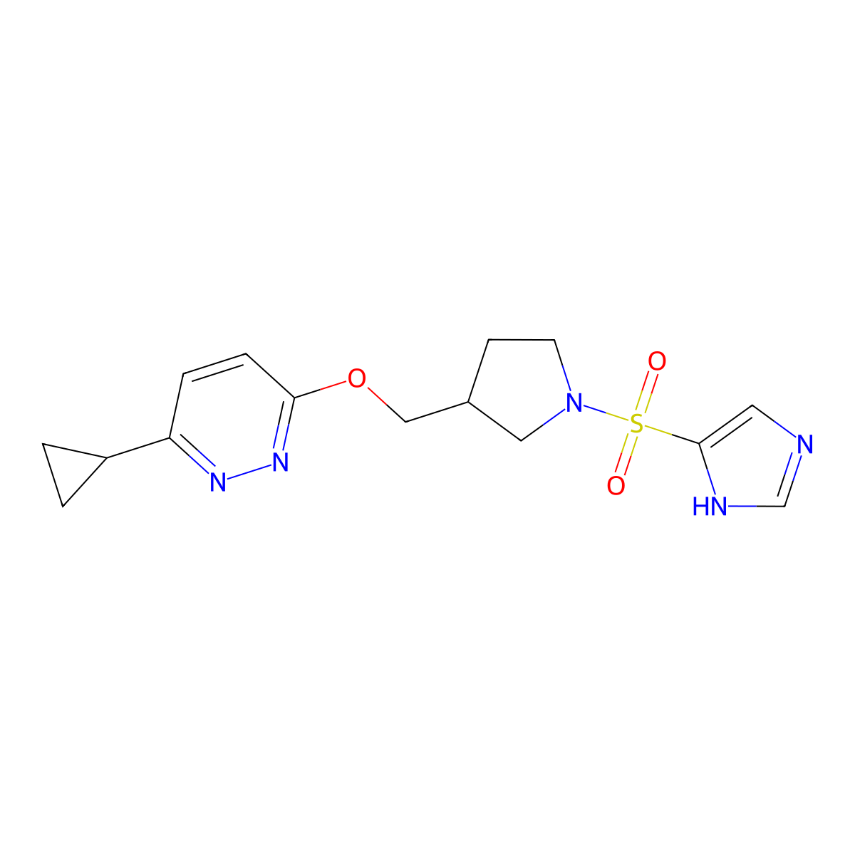 3-cyclopropyl-6-{[1-(1H-imidazole-4-sulfonyl)pyrrolidin-3-yl]methoxy}pyridazine molecular structure, CAS 2549041-37-2