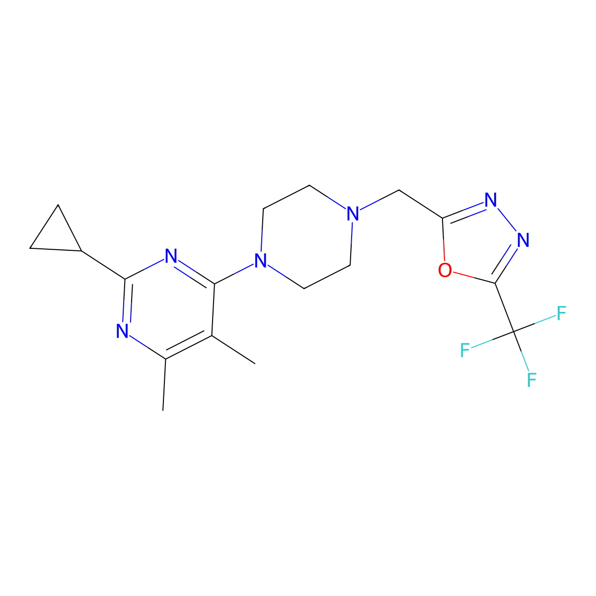 2-Cyclopropyl-4,5-dimethyl-6-(4-{[5-(trifluoromethyl)-1,3,4-oxadiazol-2-yl]methyl}piperazin-1-yl)pyrimidine molecular structure, CAS 2549041-40-7