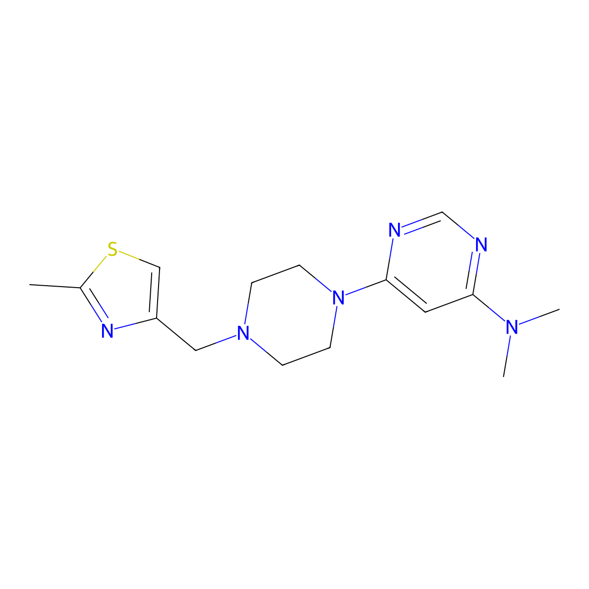 N,N-dimethyl-6-{4-[(2-methyl-1,3-thiazol-4-yl)methyl]piperazin-1-yl}pyrimidin-4-amine molecular structure, CAS 2549041-42-9
