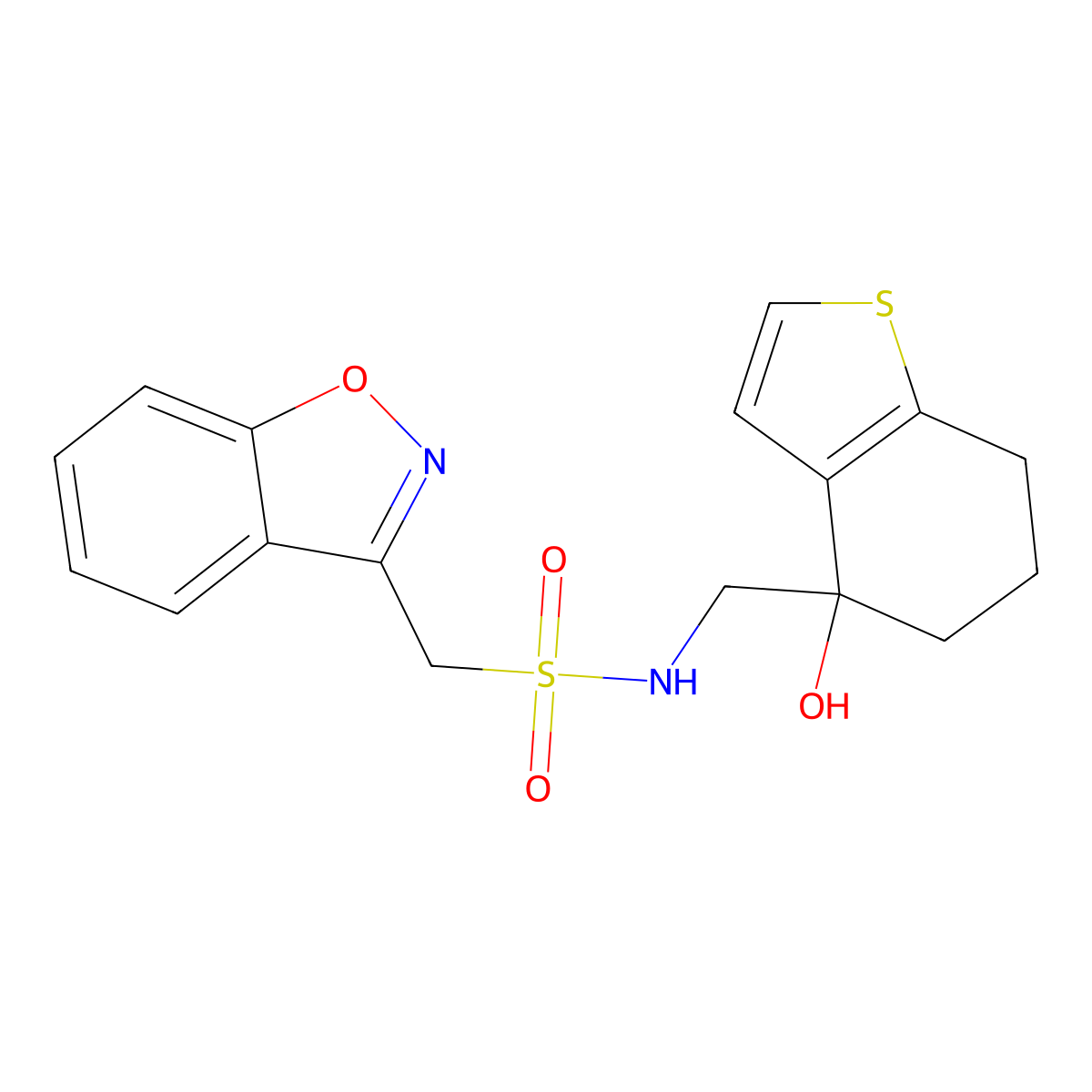 1-(1,2-benzoxazol-3-yl)-N-[(4-hydroxy-4,5,6,7-tetrahydro-1-benzothiophen-4-yl)methyl]methanesulfonamide molecular structure, CAS 2549041-44-1