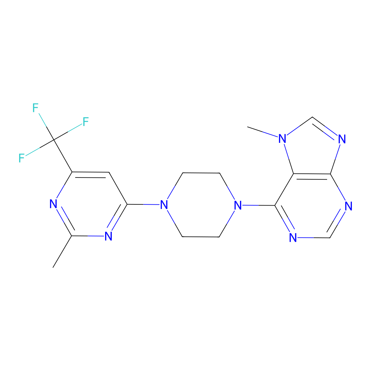 7-methyl-6-{4-[2-methyl-6-(trifluoromethyl)pyrimidin-4-yl]piperazin-1-yl}-7H-purine molecular structure, CAS 2549041-46-3