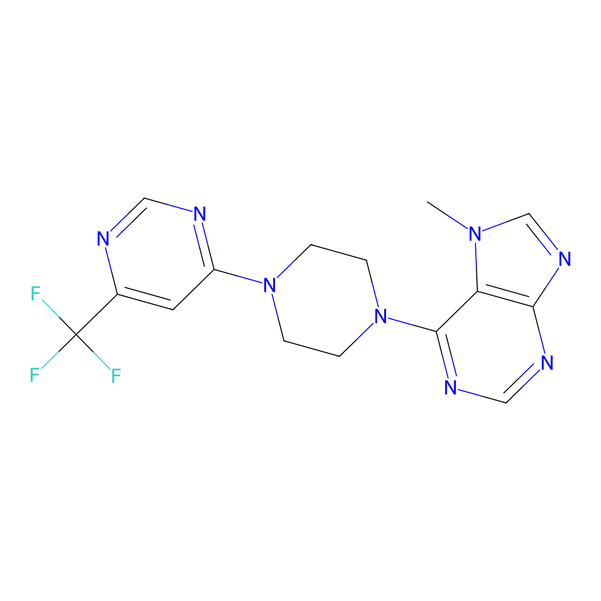 7-methyl-6-{4-[6-(trifluoromethyl)pyrimidin-4-yl]piperazin-1-yl}-7H-purine molecular structure, CAS 2549041-50-9