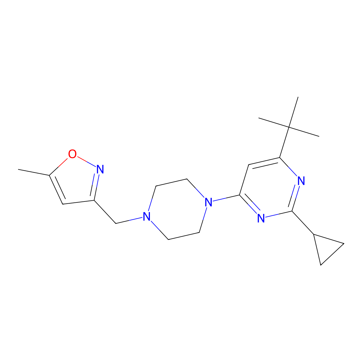 4-Tert-butyl-2-cyclopropyl-6-{4-[(5-methyl-1,2-oxazol-3-yl)methyl]piperazin-1-yl}pyrimidine molecular structure, CAS 2549041-52-1
