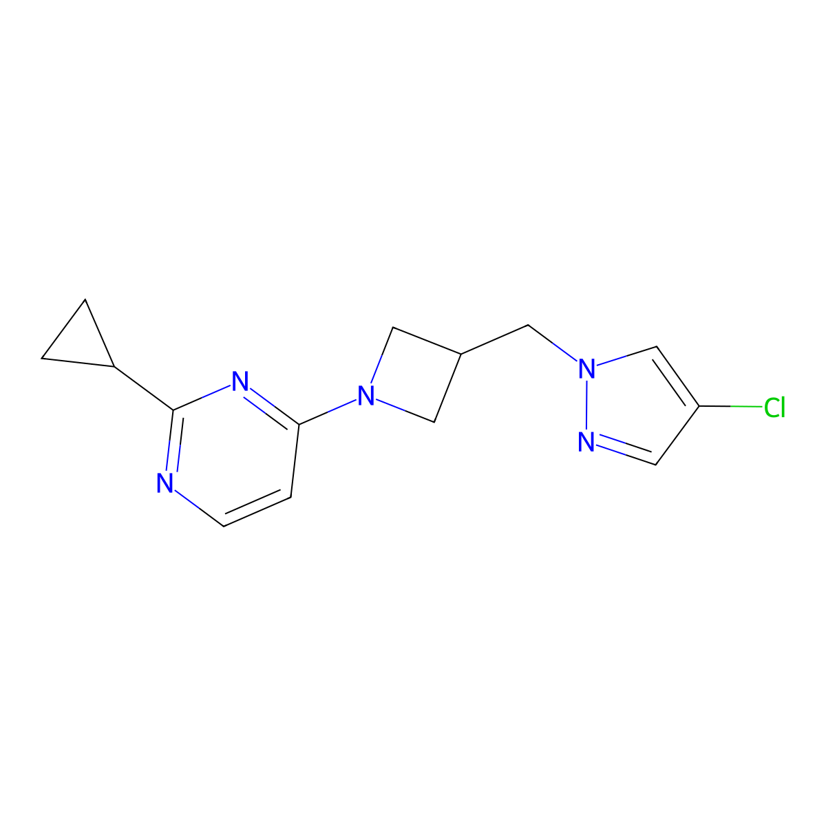 4-{3-[(4-chloro-1H-pyrazol-1-yl)methyl]azetidin-1-yl}-2-cyclopropylpyrimidine molecular structure, CAS 2549041-55-4