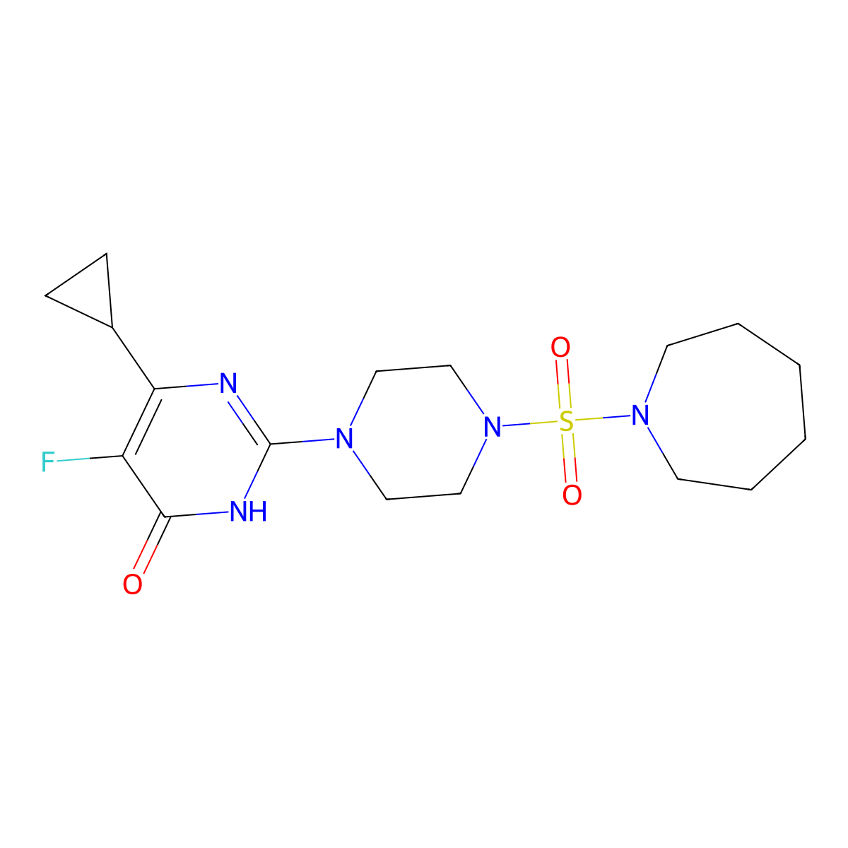 2-[4-(Azepane-1-sulfonyl)piperazin-1-yl]-6-cyclopropyl-5-fluoro-3,4-dihydropyrimidin-4-one molecular structure, CAS 2549041-56-5