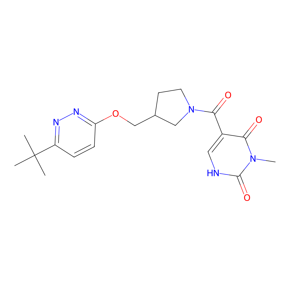5-(3-{[(6-Tert-butylpyridazin-3-yl)oxy]methyl}pyrrolidine-1-carbonyl)-3-methyl-1,2,3,4-tetrahydropyrimidine-2,4-dione molecular structure, CAS 2549041-61-2