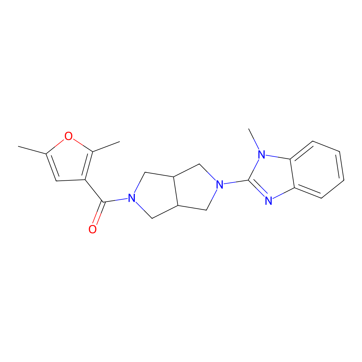 2-[5-(2,5-dimethylfuran-3-carbonyl)-octahydropyrrolo[3,4-c]pyrrol-2-yl]-1-methyl-1H-1,3-benzodiazole molecular structure, CAS 2549041-62-3