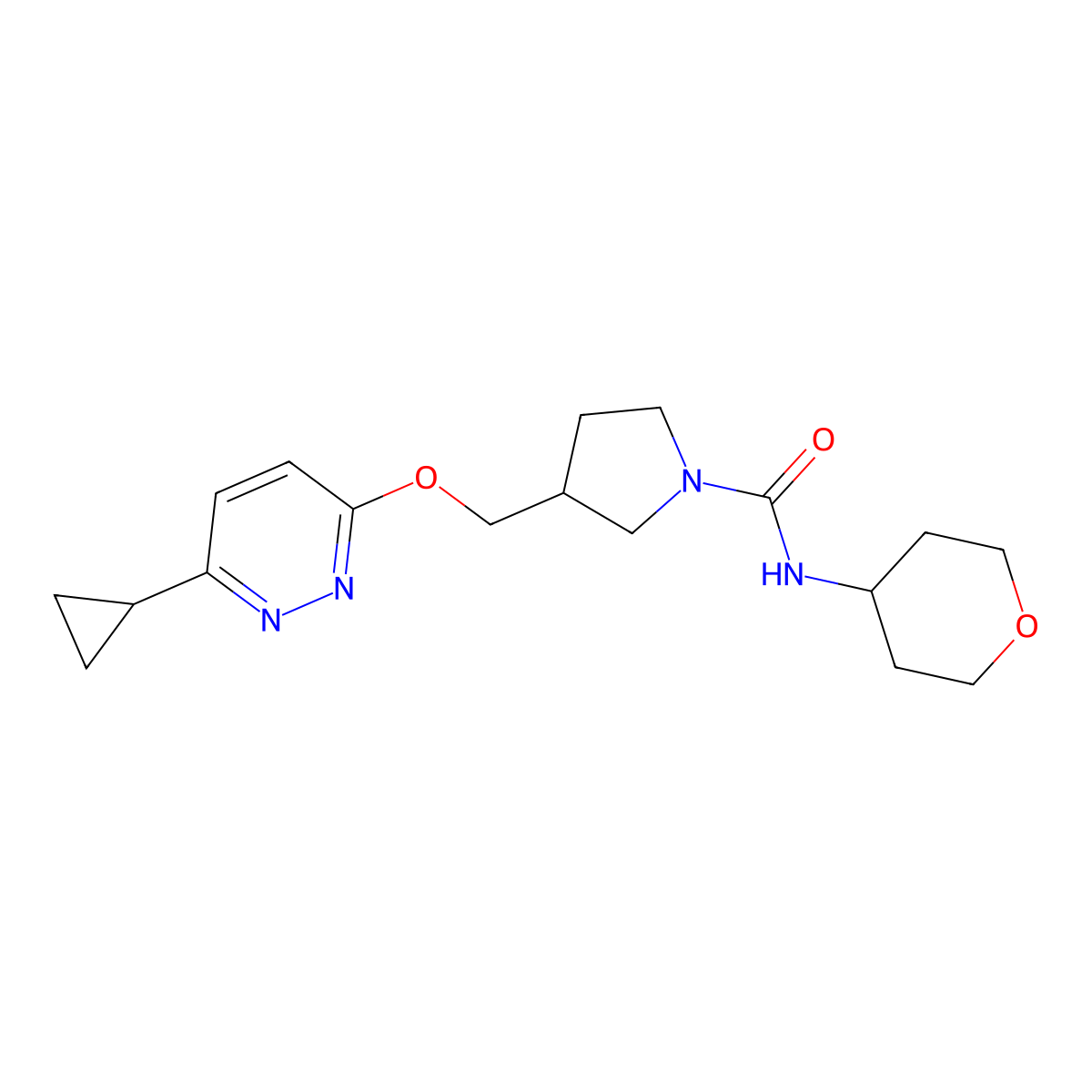 3-{[(6-cyclopropylpyridazin-3-yl)oxy]methyl}-N-(oxan-4-yl)pyrrolidine-1-carboxamide molecular structure, CAS 2549041-66-7