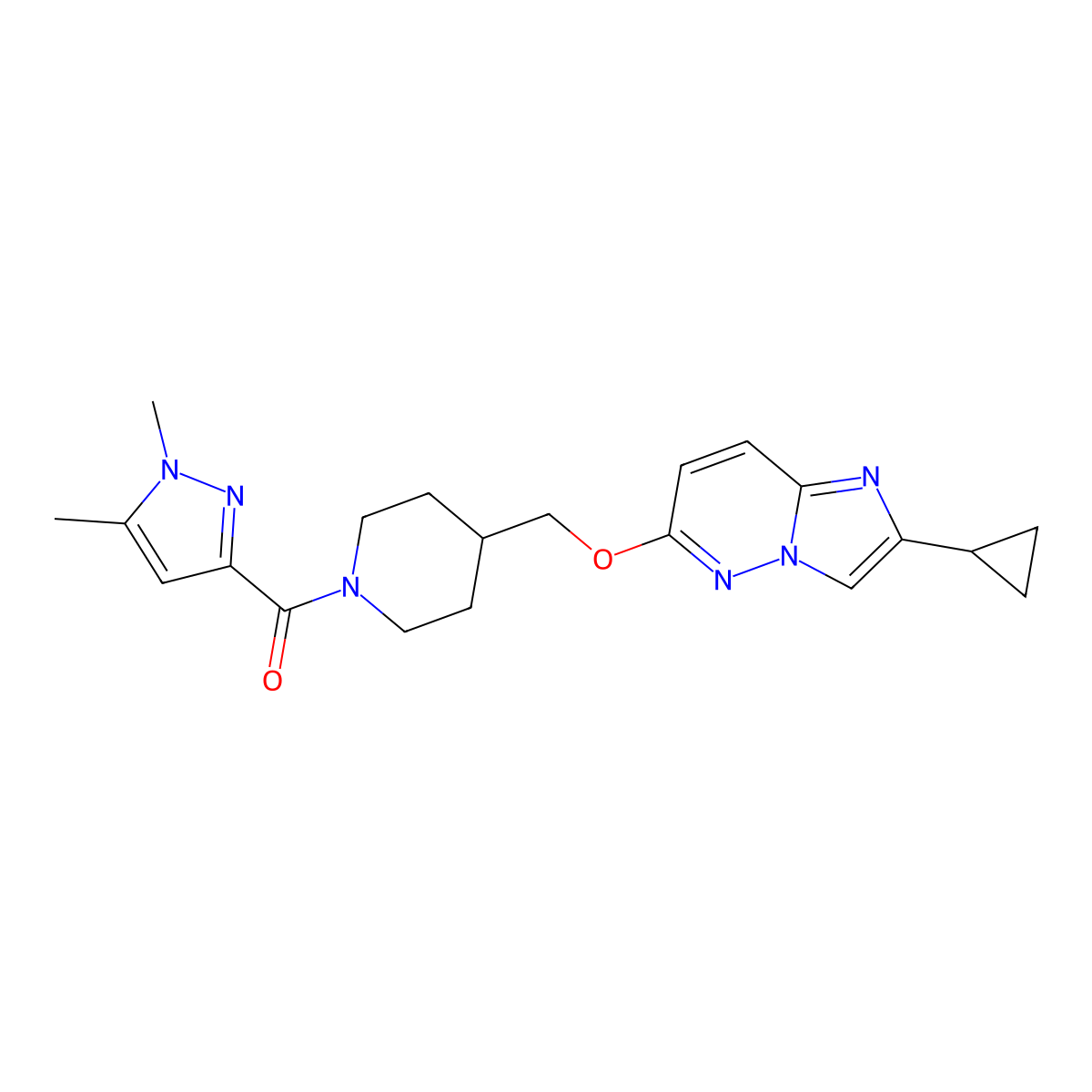 4-[({2-cyclopropylimidazo[1,2-b]pyridazin-6-yl}oxy)methyl]-1-(1,5-dimethyl-1H-pyrazole-3-carbonyl)piperidine molecular structure, CAS 2549041-68-9