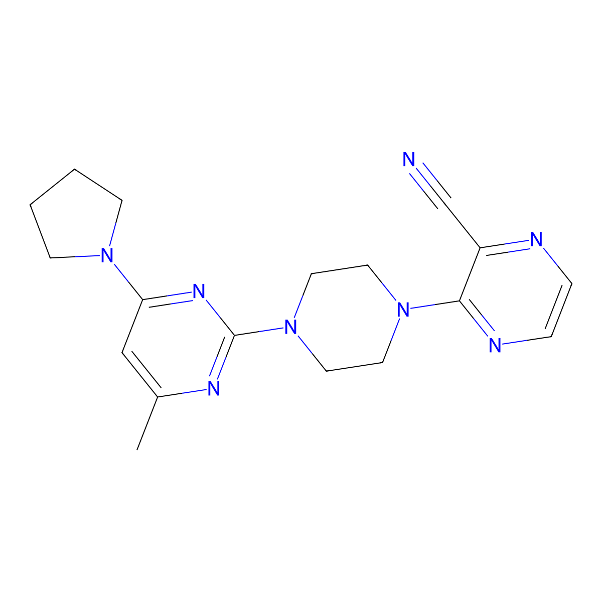 3-{4-[4-Methyl-6-(pyrrolidin-1-yl)pyrimidin-2-yl]piperazin-1-yl}pyrazine-2-carbonitrile molecular structure, CAS 2549041-69-0