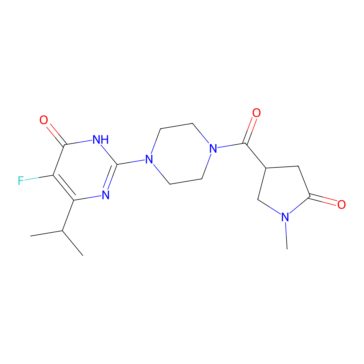 5-Fluoro-2-[4-(1-methyl-5-oxopyrrolidine-3-carbonyl)piperazin-1-yl]-6-(propan-2-yl)-3,4-dihydropyrimidin-4-one molecular structure, CAS 2549041-71-4