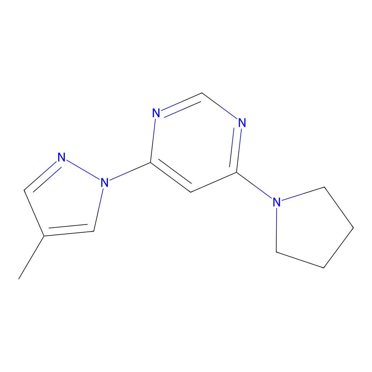 4-(4-methyl-1H-pyrazol-1-yl)-6-(pyrrolidin-1-yl)pyrimidine molecular structure, CAS 2549041-80-5