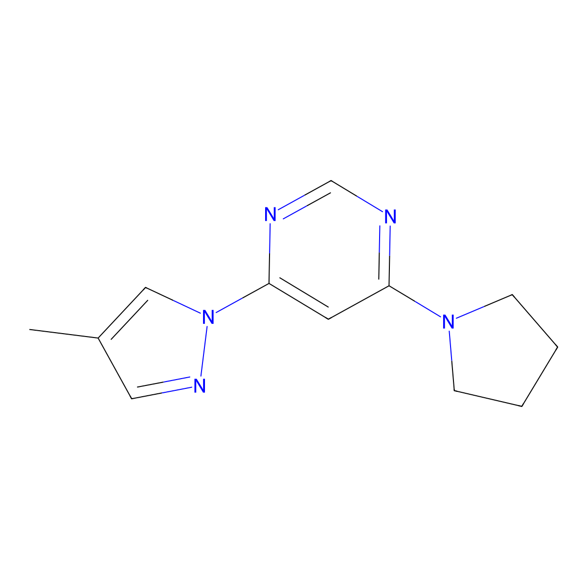4-(4-methyl-1H-pyrazol-1-yl)-6-(pyrrolidin-1-yl)pyrimidine molecular structure, CAS 2549041-80-5
