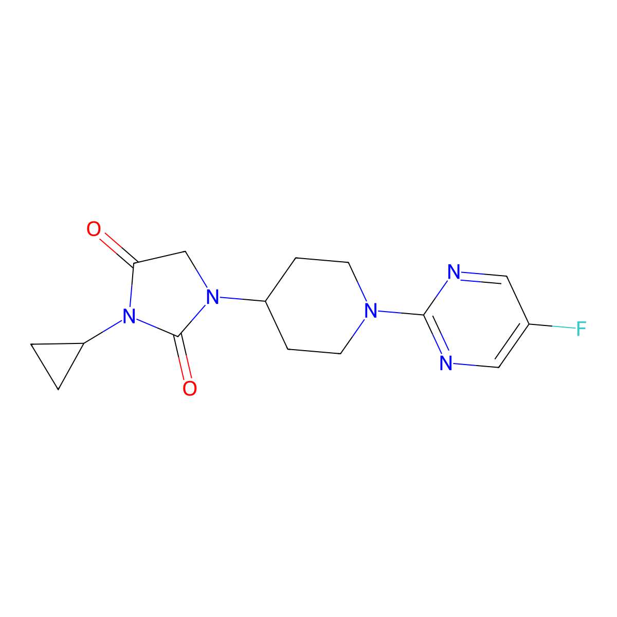3-Cyclopropyl-1-[1-(5-fluoropyrimidin-2-yl)piperidin-4-yl]imidazolidine-2,4-dione molecular structure, CAS 2549041-82-7