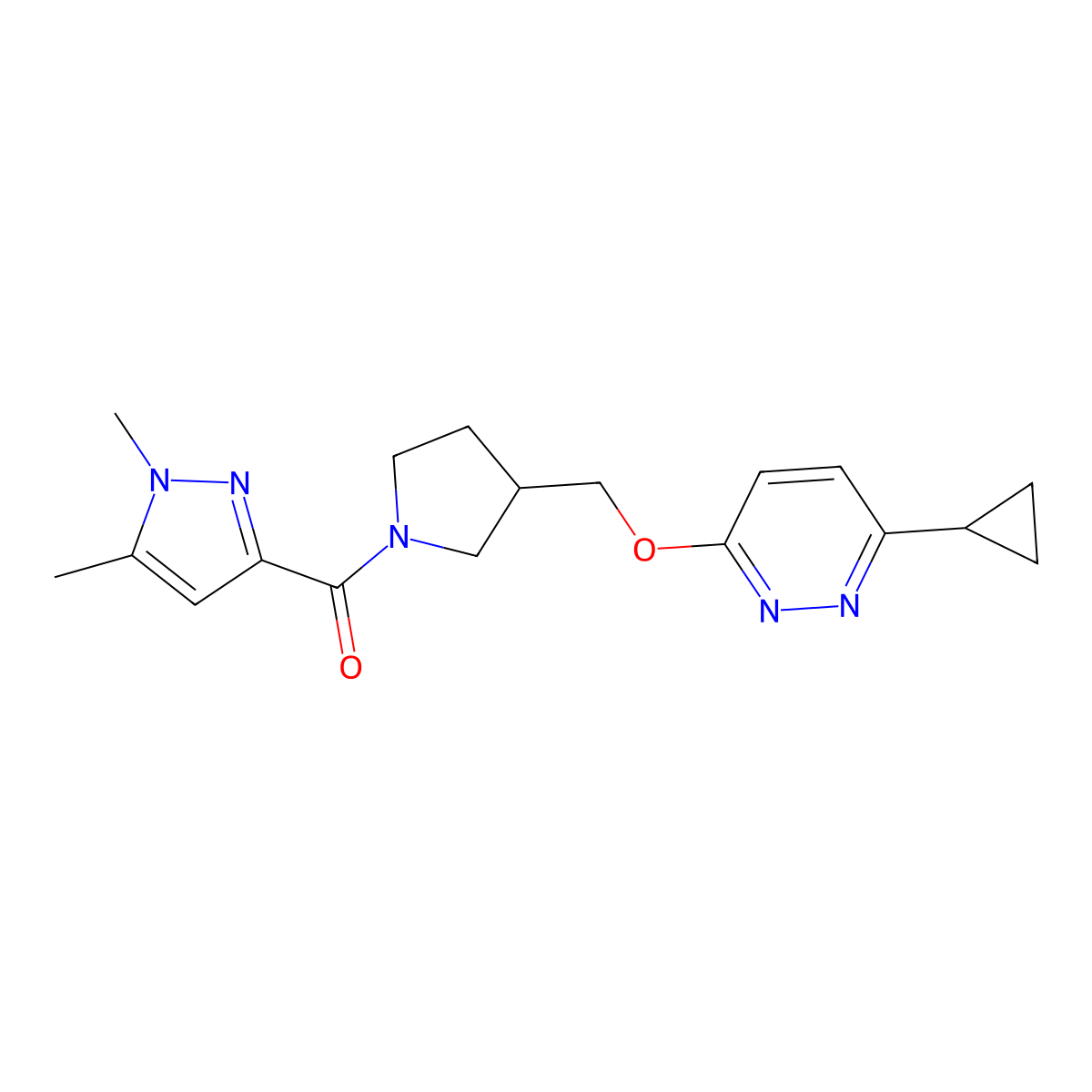 3-cyclopropyl-6-{[1-(1,5-dimethyl-1H-pyrazole-3-carbonyl)pyrrolidin-3-yl]methoxy}pyridazine molecular structure, CAS 2549042-11-5