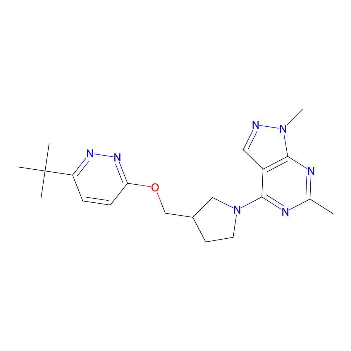 3-tert-butyl-6-[(1-{1,6-dimethyl-1H-pyrazolo[3,4-d]pyrimidin-4-yl}pyrrolidin-3-yl)methoxy]pyridazine molecular structure, CAS 2549042-22-8