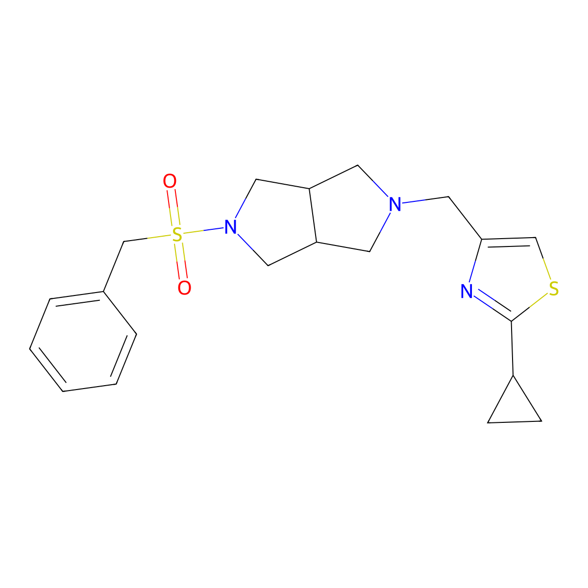 2-Cyclopropyl-4-({5-phenylmethanesulfonyl-octahydropyrrolo[3,4-c]pyrrol-2-yl}methyl)-1,3-thiazole molecular structure, CAS 2549042-31-9