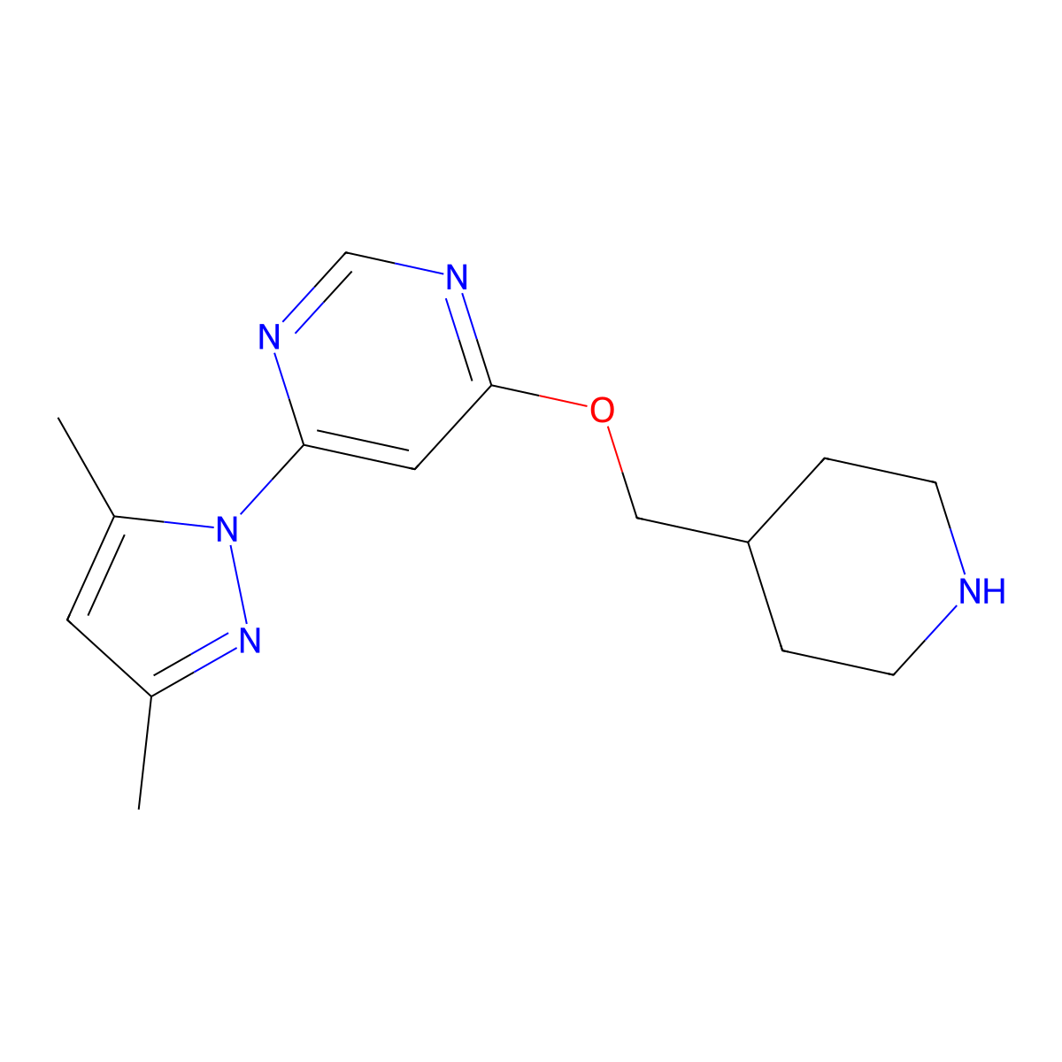 4-(3,5-dimethyl-1H-pyrazol-1-yl)-6-[(piperidin-4-yl)methoxy]pyrimidine molecular structure, CAS 2549042-32-0