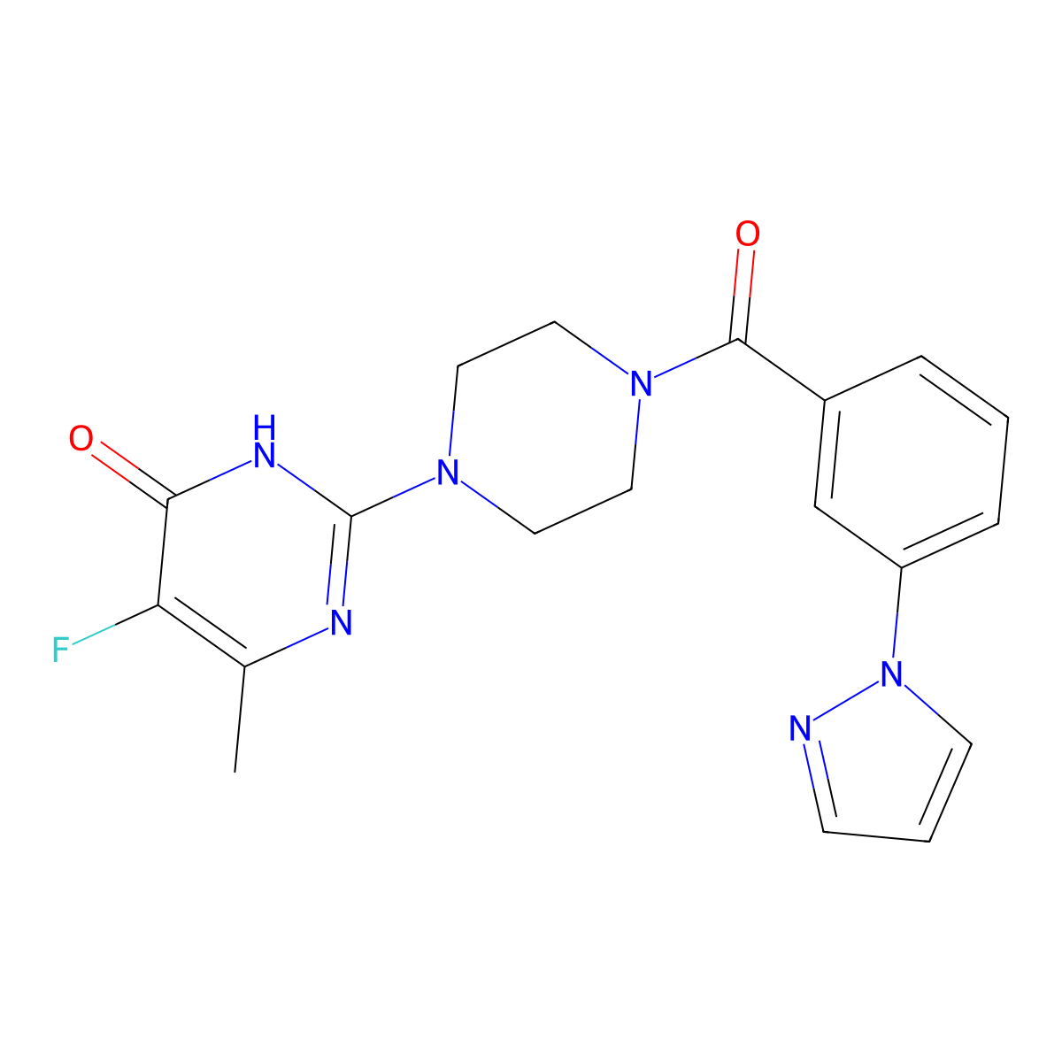 5-fluoro-6-methyl-2-{4-[3-(1H-pyrazol-1-yl)benzoyl]piperazin-1-yl}-3,4-dihydropyrimidin-4-one molecular structure, CAS 2549042-36-4